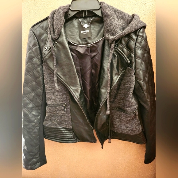 bebe Jackets & Blazers - BEBE KNIT & FAUX LEATHER HOODED MOTO JACKET- SIZE MEDIUM